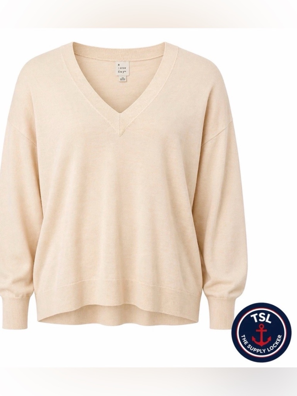 A New Day Cream V-Neck Sweater Women’s 1X Lightweight Knit NWT